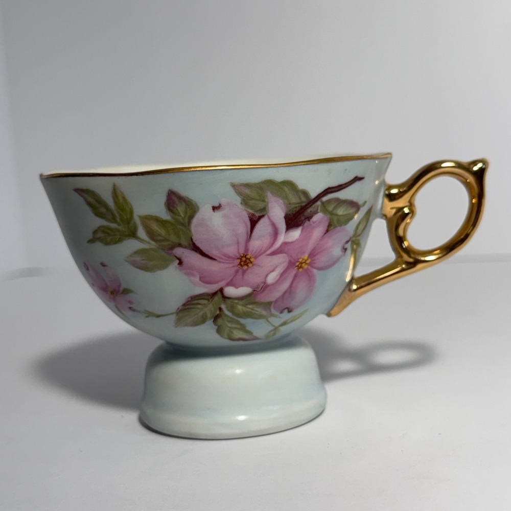 Vintage Lefton China Musical Teacup Pink Floral Gold Trim Footed Porcelain Japan